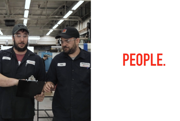 Baytech Plastics team members in the factory with the word People on the image.