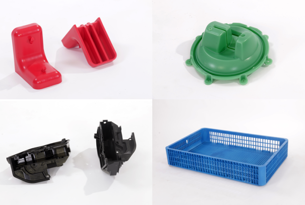 Four examples of injection molded plastic components, including red corner brackets, a green industrial cap, a black automotive part, and a blue ventilated storage tray—manufactured by Baytech Plastics for multi-industry applications