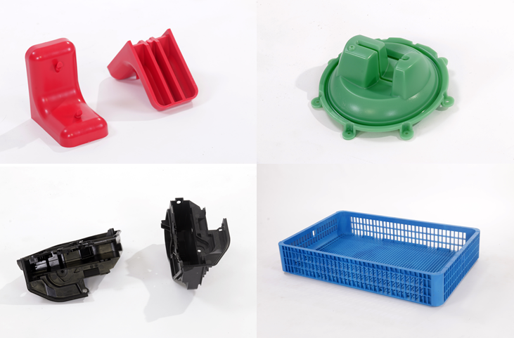 Four examples of injection molded plastic components, including red corner brackets, a green industrial cap, a black automotive part, and a blue ventilated storage tray—manufactured by Baytech Plastics for multi-industry applications
