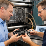 Engineers reviewing injection molded plastic component design before full-scale production