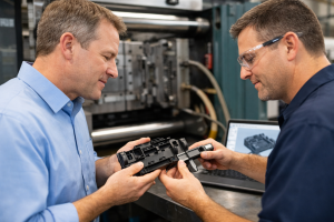 Engineers reviewing injection molded plastic component design before full-scale production