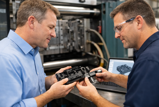 Engineers reviewing injection molded plastic component design before full-scale production
